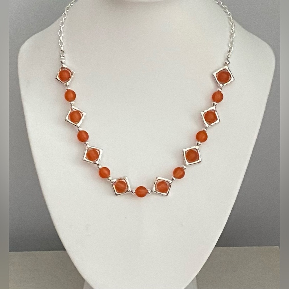 NEW one of a kind handcrafted Orange with silver plated bead frame necklace